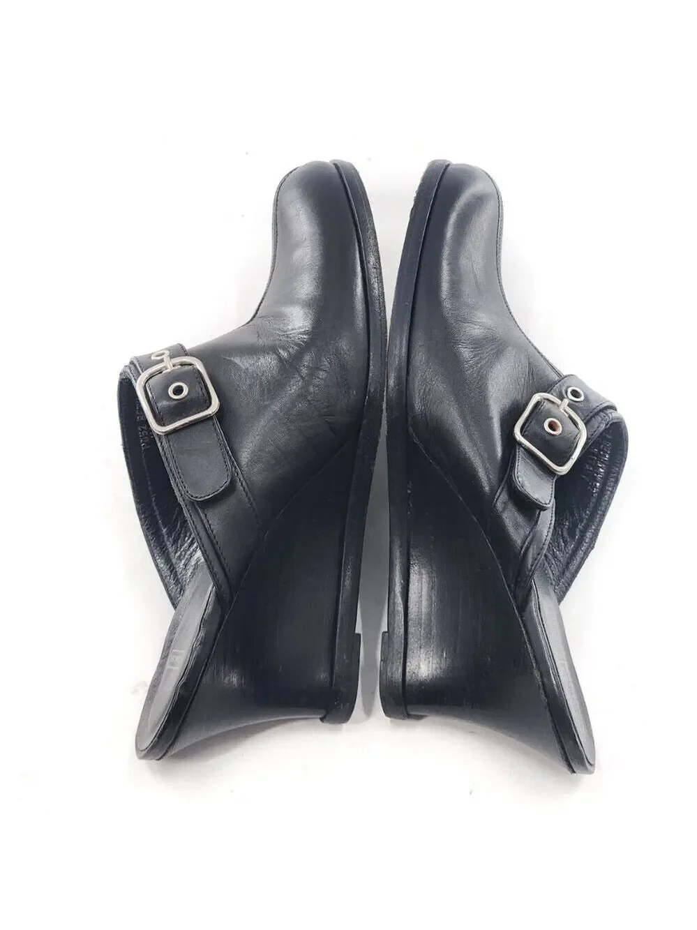 COACH Bethany Black Leather Buckle‎ Detail Wedge Heel Mules